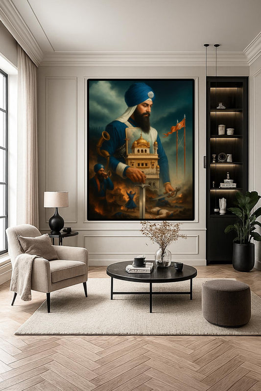 Guru Gobind Singh Ji Symbolic of Strength Standing Against Mughal Warriors Sword Sikhi Historic Symbolism Wall Art Poster