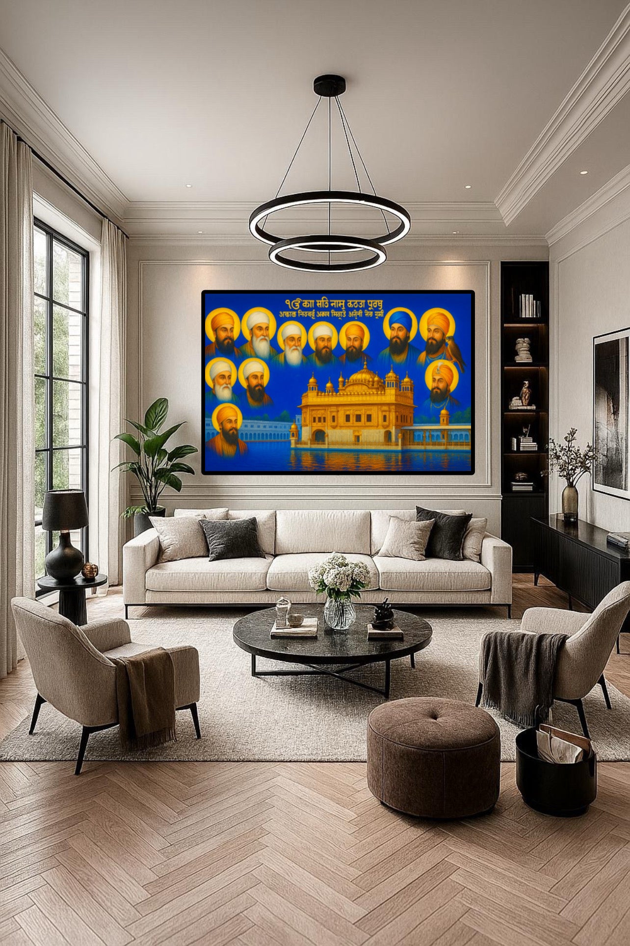 Blue Themed 10 Gurus and Baba Deep Singh Ji in Golden Temple Ek Onkar and Mool Mantar Landscape Wall Art Poster