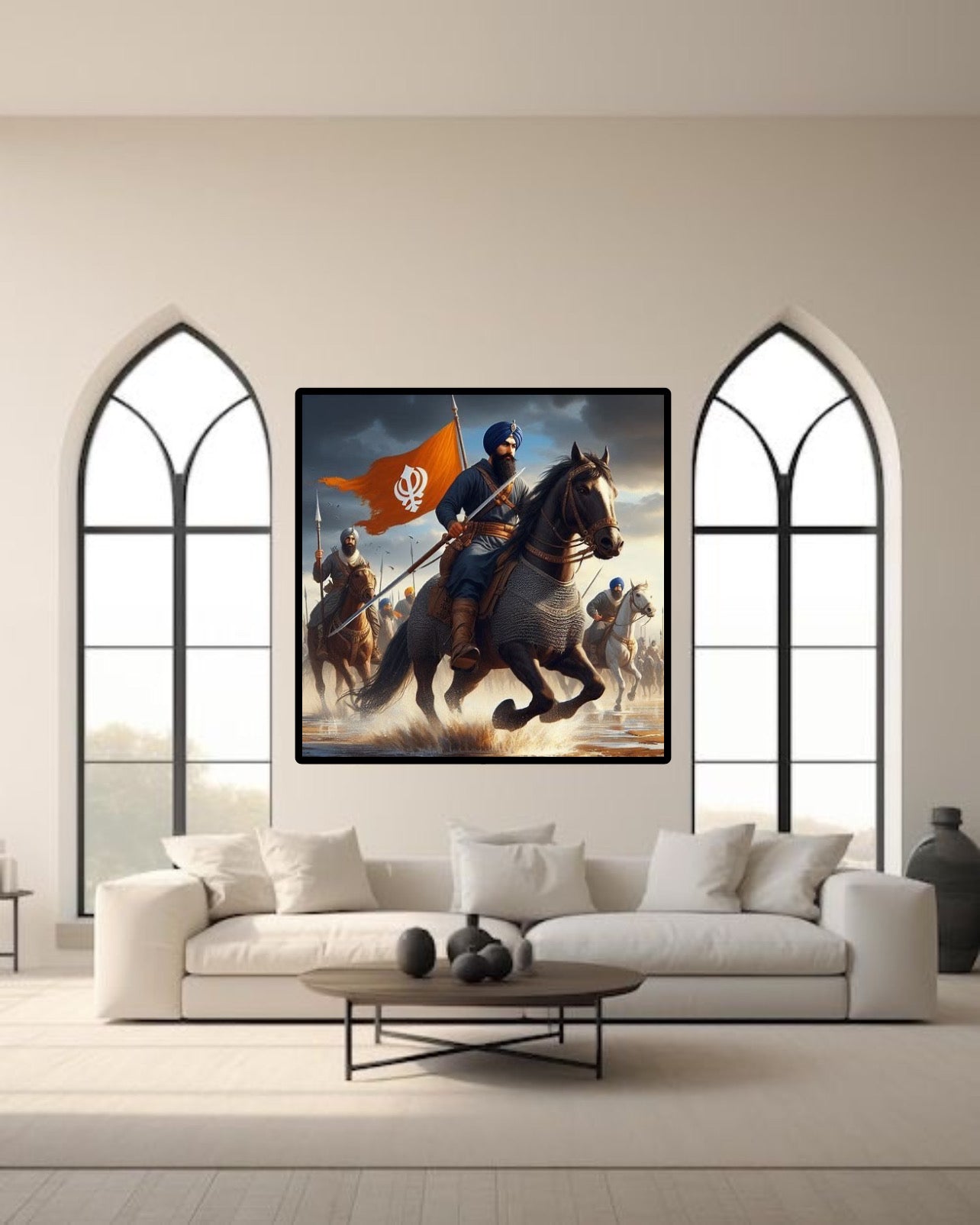 Sikh Warrior Orange Khanda on Horse Wall Art Poster