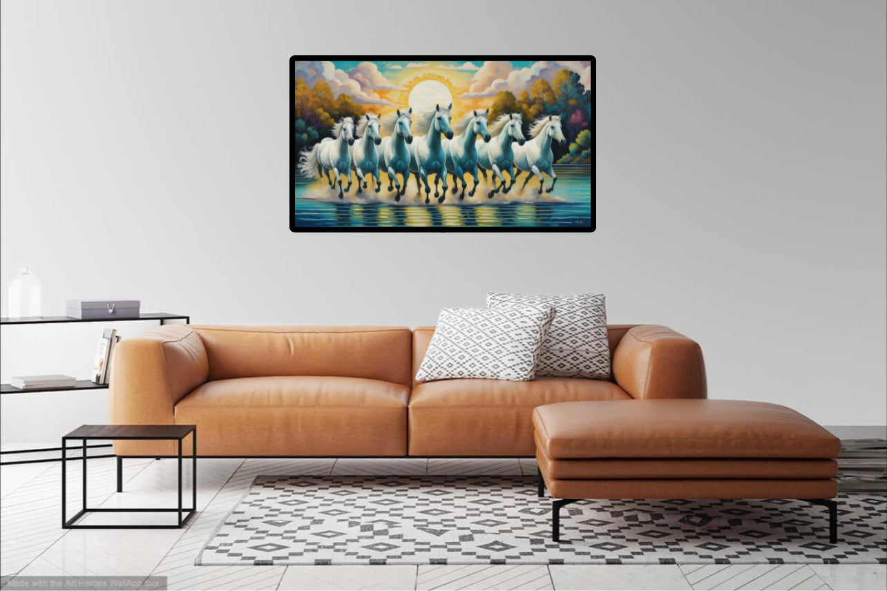 7 White Horses Sunset Wall Art Poster