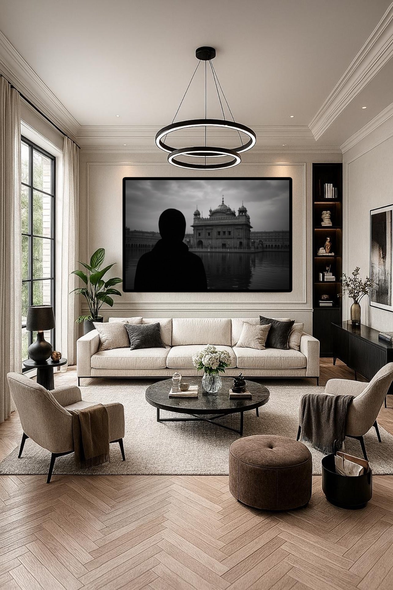 Black & Grey Gazing into Distance Landscape Harmandir Sahib Wall Art Poster