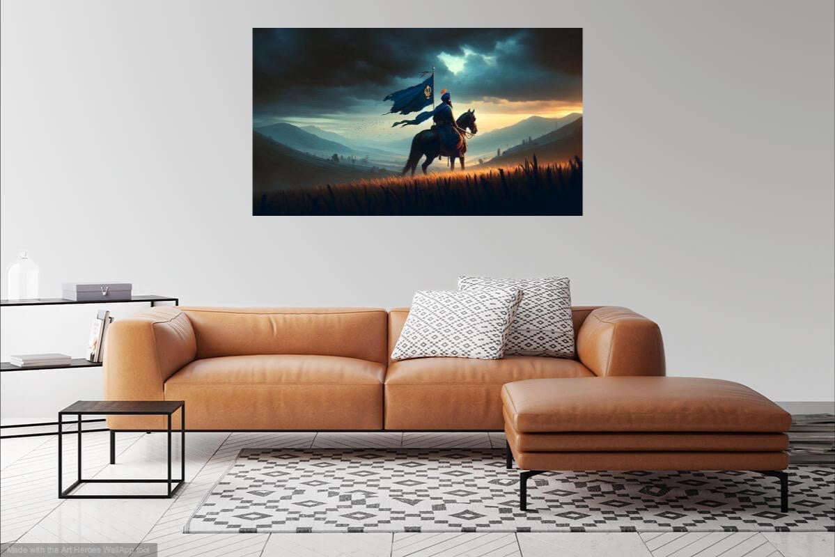 Sikhi Guru On Horse Khalsa Flag Night Sky Wall Art Poster