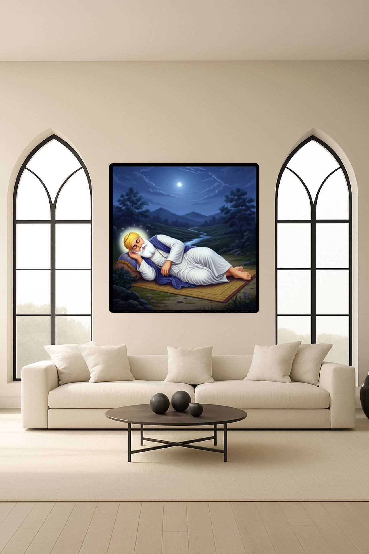 Guru Gobind Singh Ji Sleeping Peacefully Under Beautiful Blue-Sky Full Moon Wall Art Poster