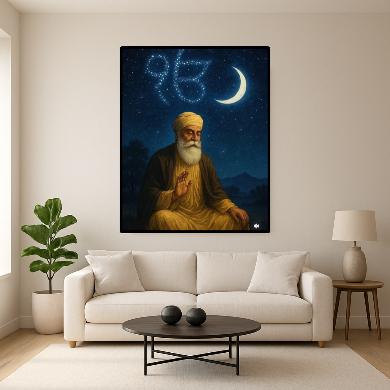 Guru Nanak Dev ji Sitting Sikhi Founder Stars Night Themed Ek Onkar and Moon in Blue Sky Wall Art Poster