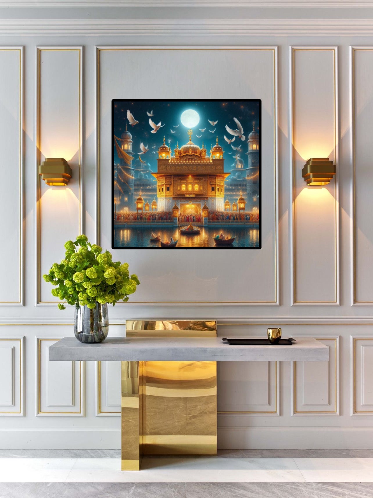 Blue Scenery and Eagles Flying Over Shri Harmandir Sahib Golden Temple Wall Art Poster