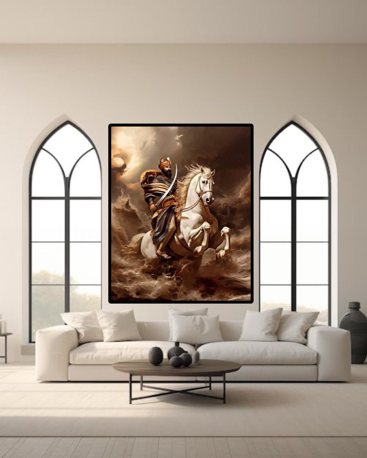 Sikh Guru Gobind Singh Ji with Kirpan on White Horse Wall Art Poster