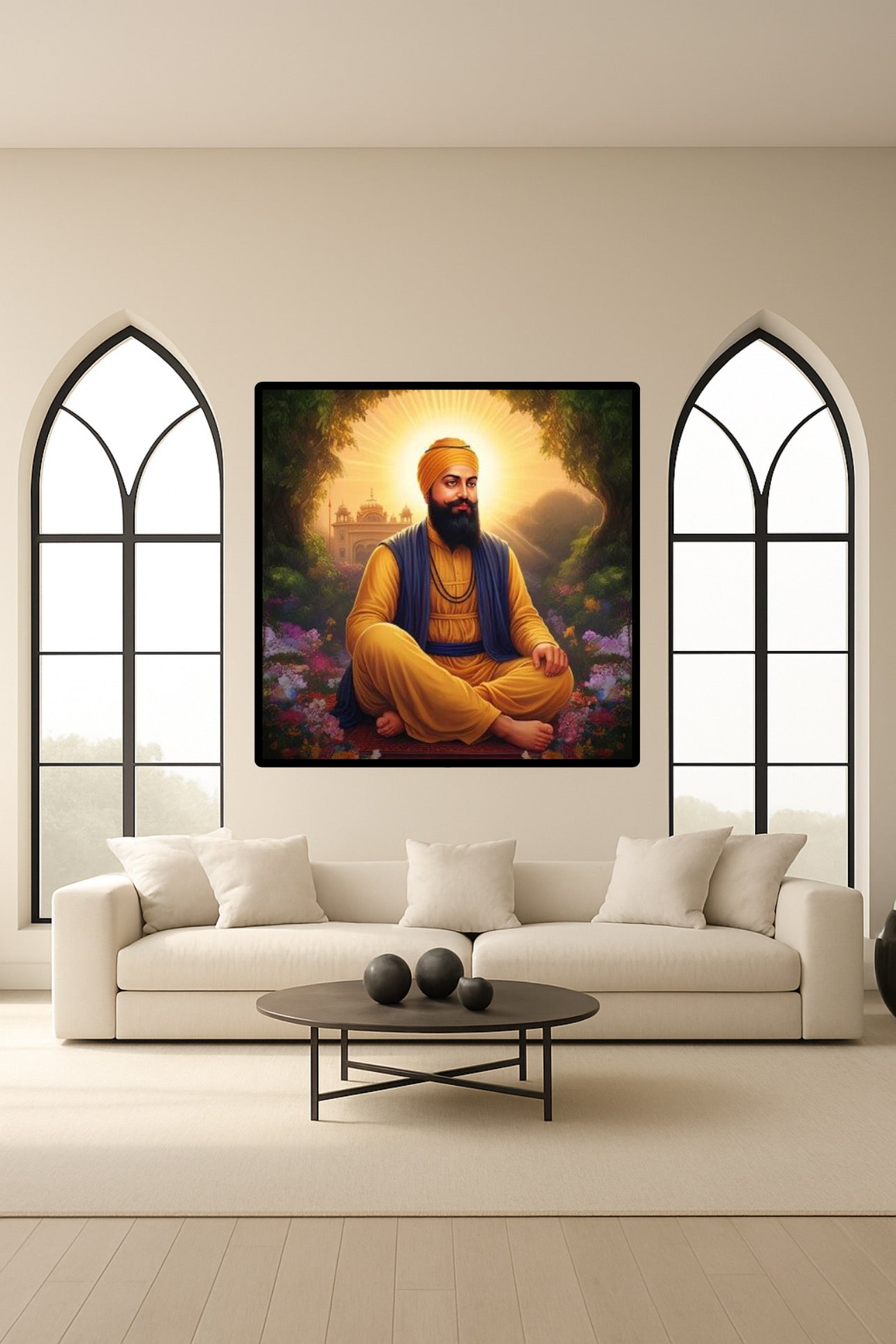 Guru Gobind Singh Ji under Sunset, Trees and Flowers Peacefully Wall Art Poster Wall Art Poster