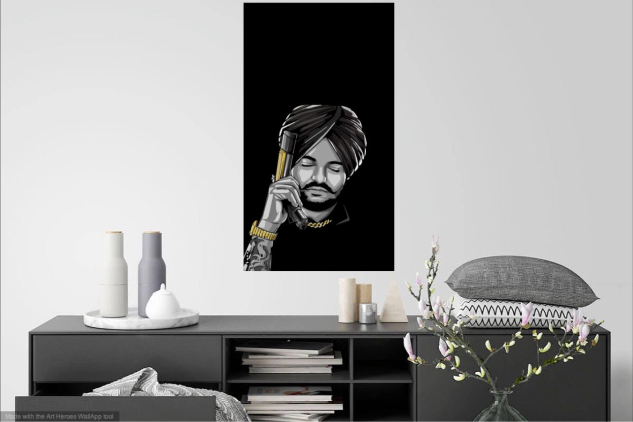 Sidhu Moose Wala With Pistol Black & Grey Aesthetic Wall Art Poster