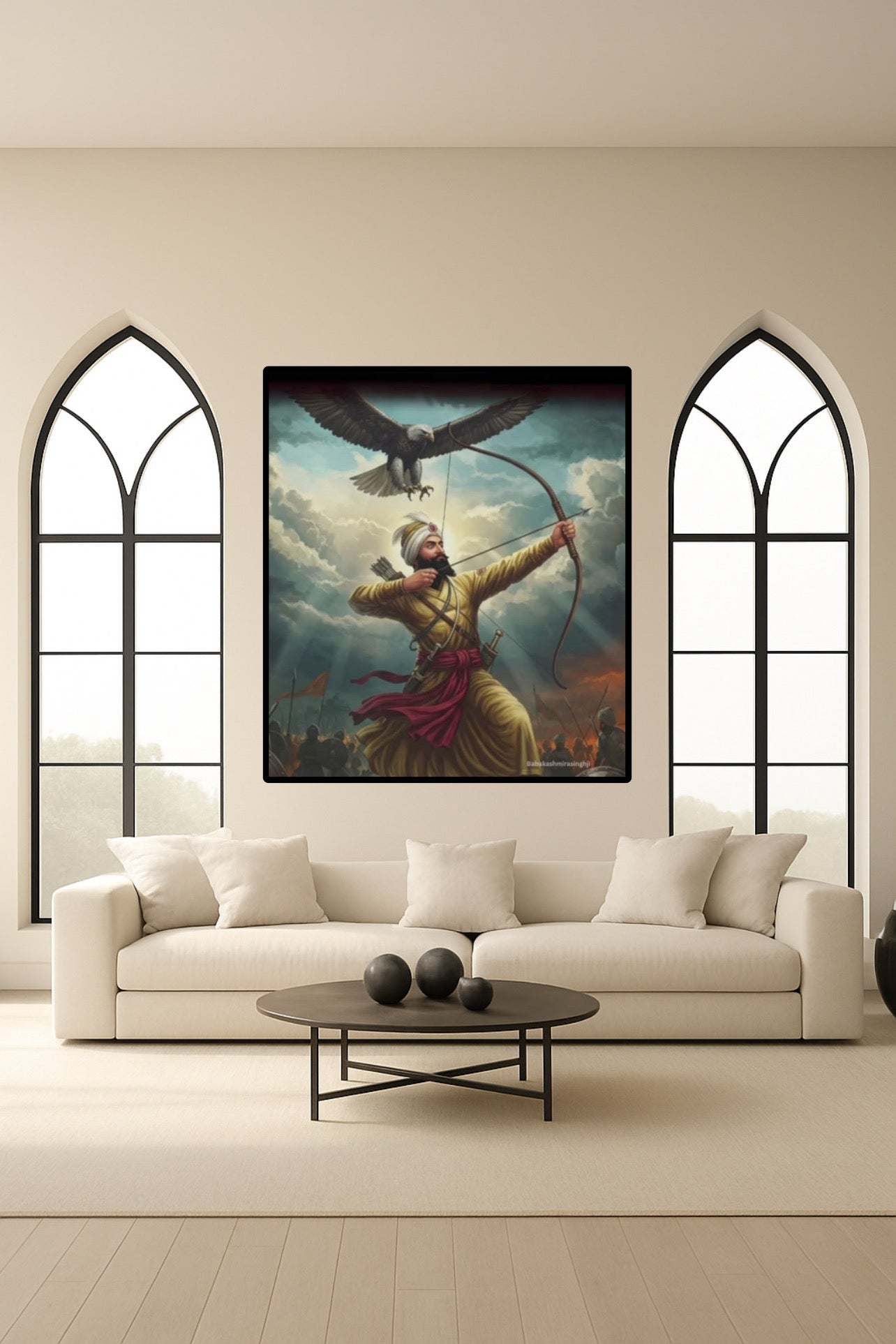 Guru Gobind Singh Ji with Crossbow on War Battlefield Eagle Symbolism Wall Art Poster