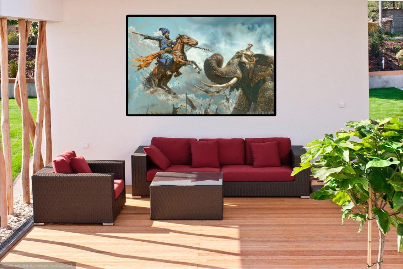 Inspiring Sikh Warrior putting down Elephant Historical wall Art Poster