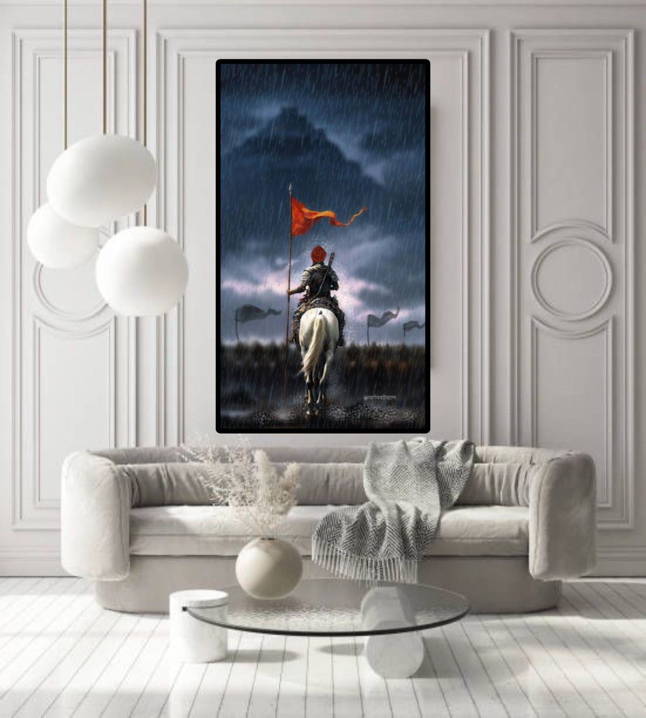 Sikhi Dusky Rainy Night Warrior on Battlefield with Horse Wall Art Poster