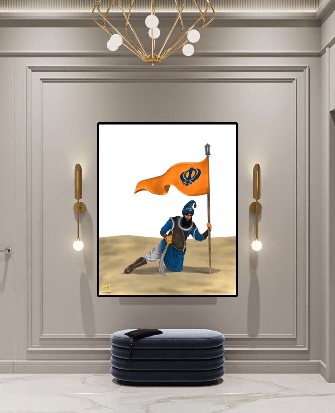 Sikh Warrior with Orange Khanda Flag Wall Art Poster