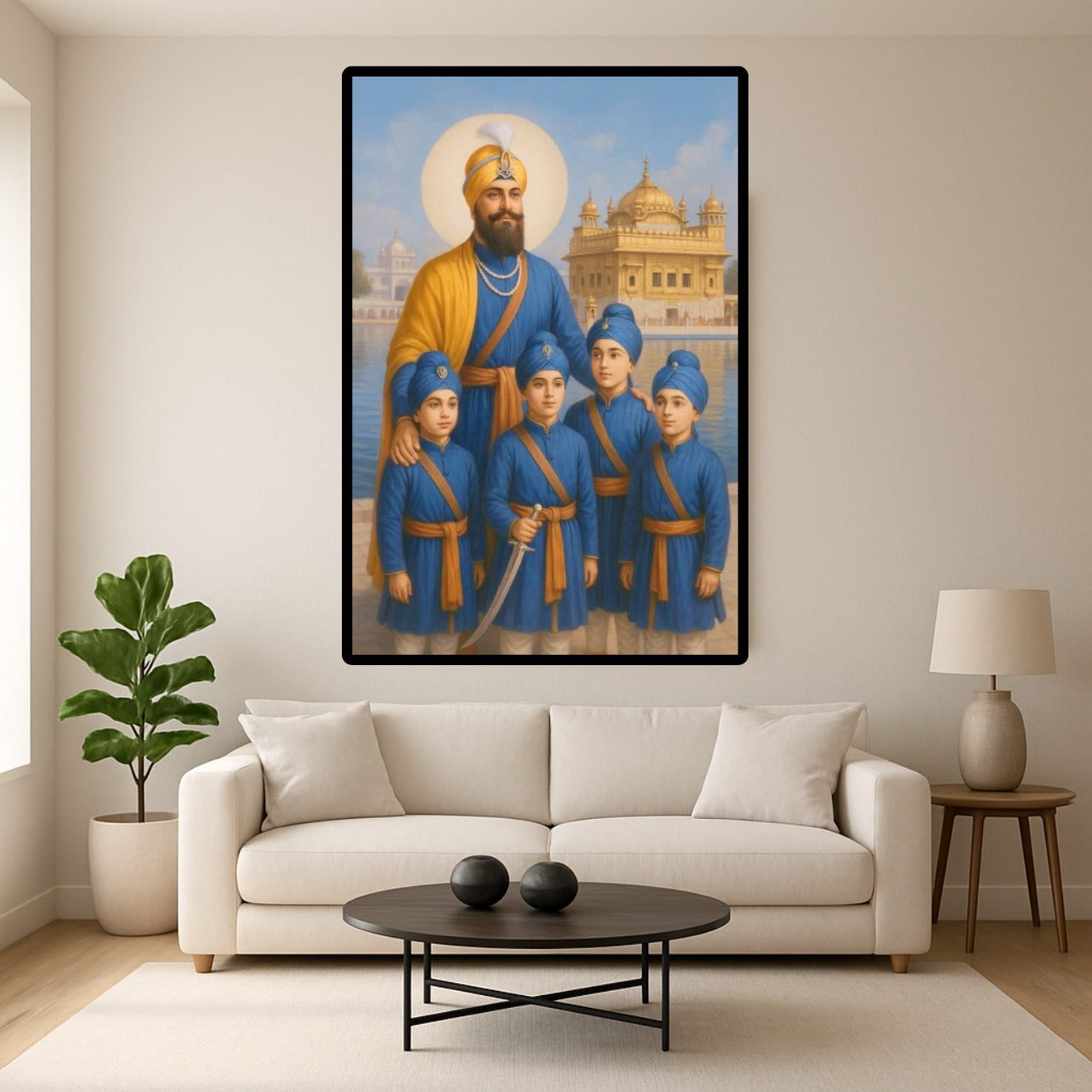 Guru Gobind Singh Ji and Chaar Sahibzaade Panj Pyaare Harmandir Sahib Wall Art Poster