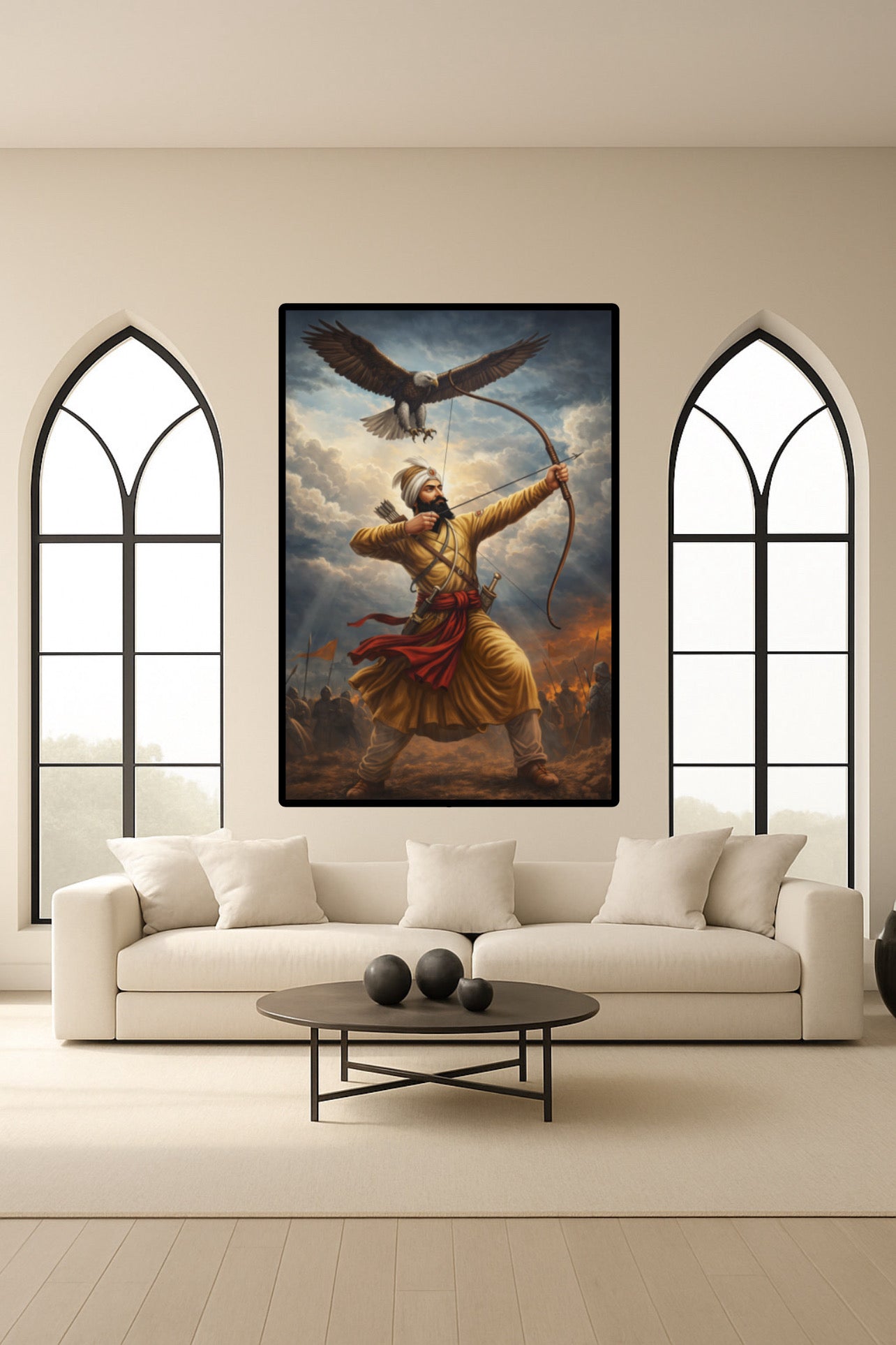Guru Gobind Singh Ji with Crossbow on War Battlefield Eagle Symbolism Wall Art Poster