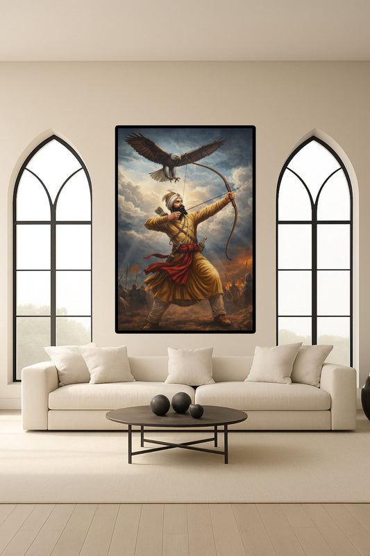Guru Gobind Singh Ji with Crossbow on War Battlefield Eagle Symbolism Wall Art Poster