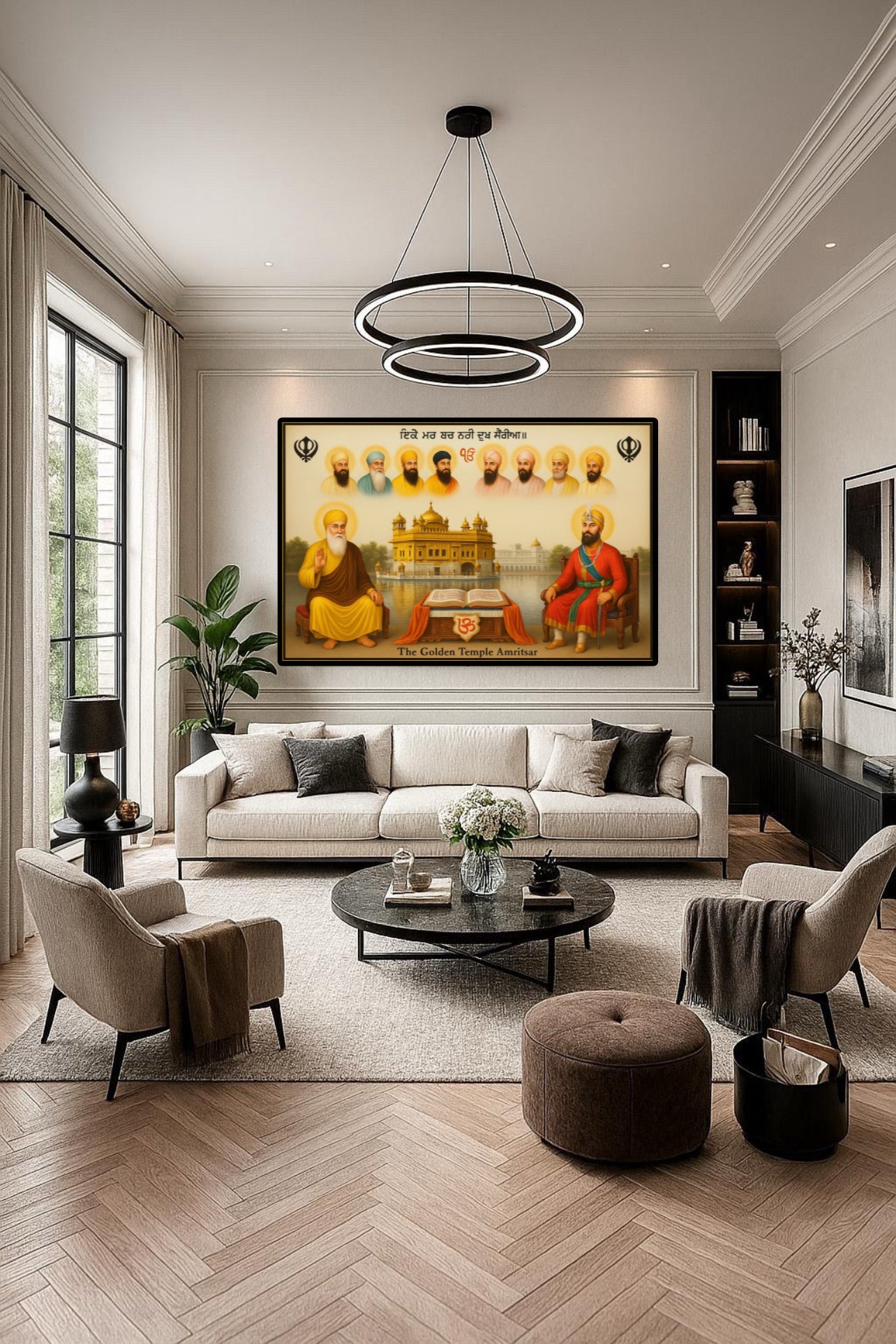 Sikhi Our 10 Gurus Guru Gobind Singh & Guru Nanak Dev Ji Sitting Together around Harmandir Sahib Temple Wall Art Poster