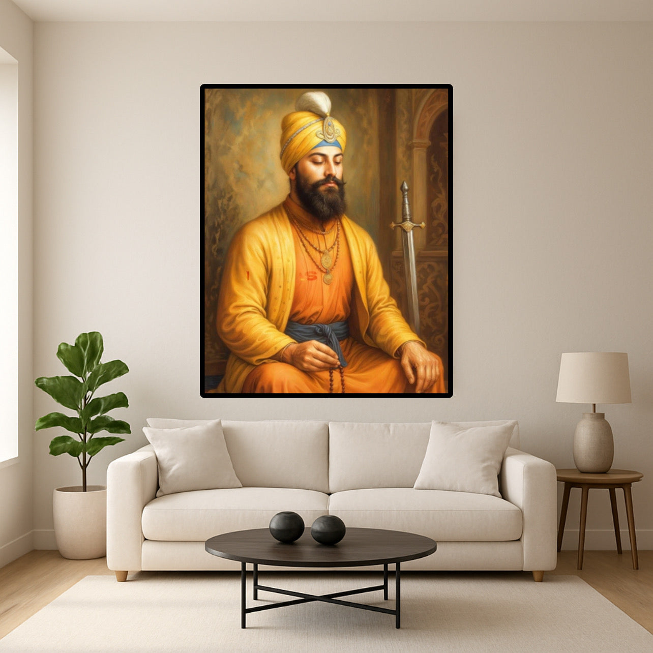 Guru Gobind Singh Ji Orange Themed Peacefully Meditating with Mala Wall Art Poster