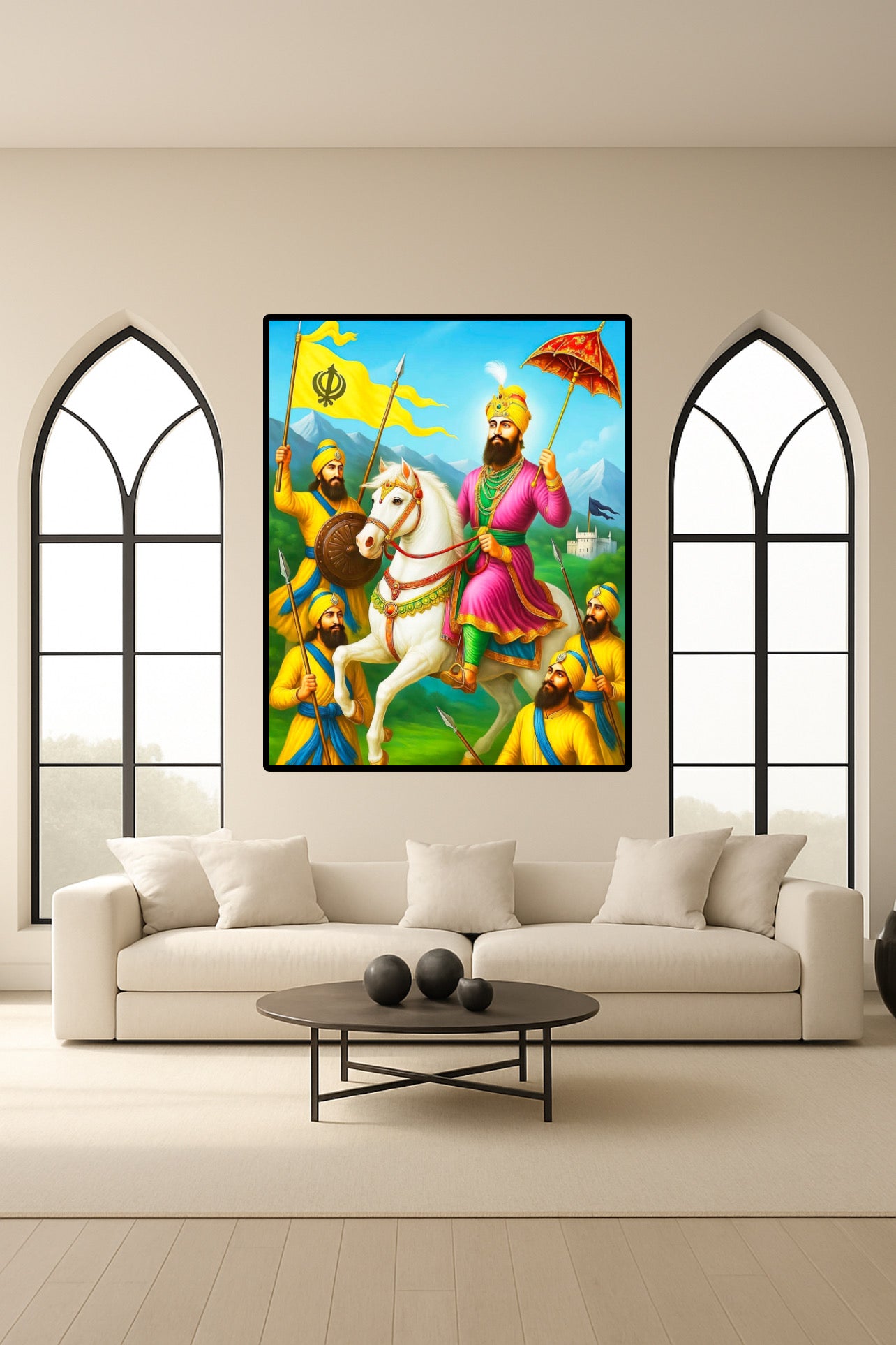 Yellow Themed Colourful Unique Guru Gobind Singh Ji on Horse with Baptised Sikhs’ holding Khanda Flag Wall Art Poster