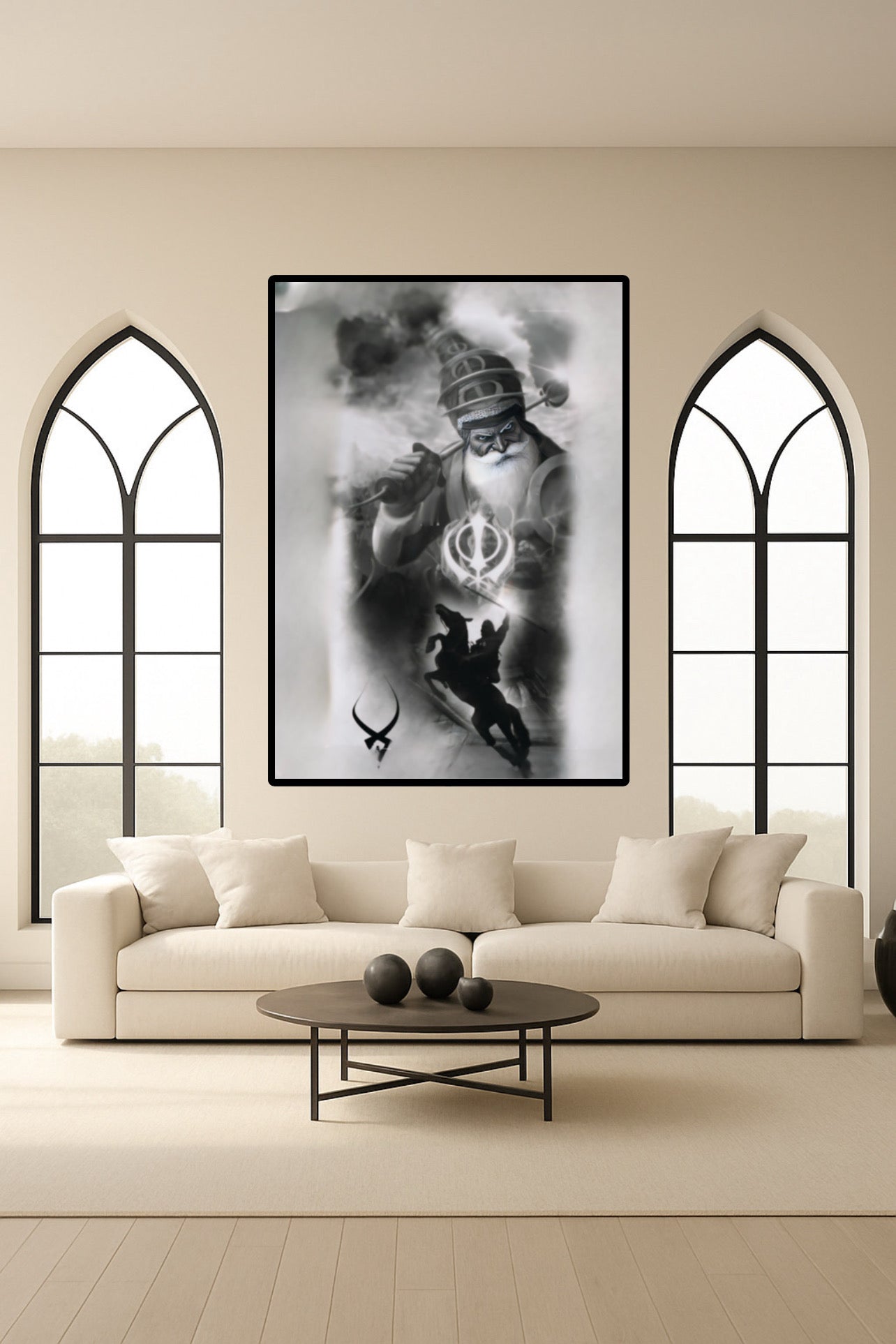 Baba Deep Singh Ji Black & White Warrior Sikhi & Horse Inspired Wall Art Poster