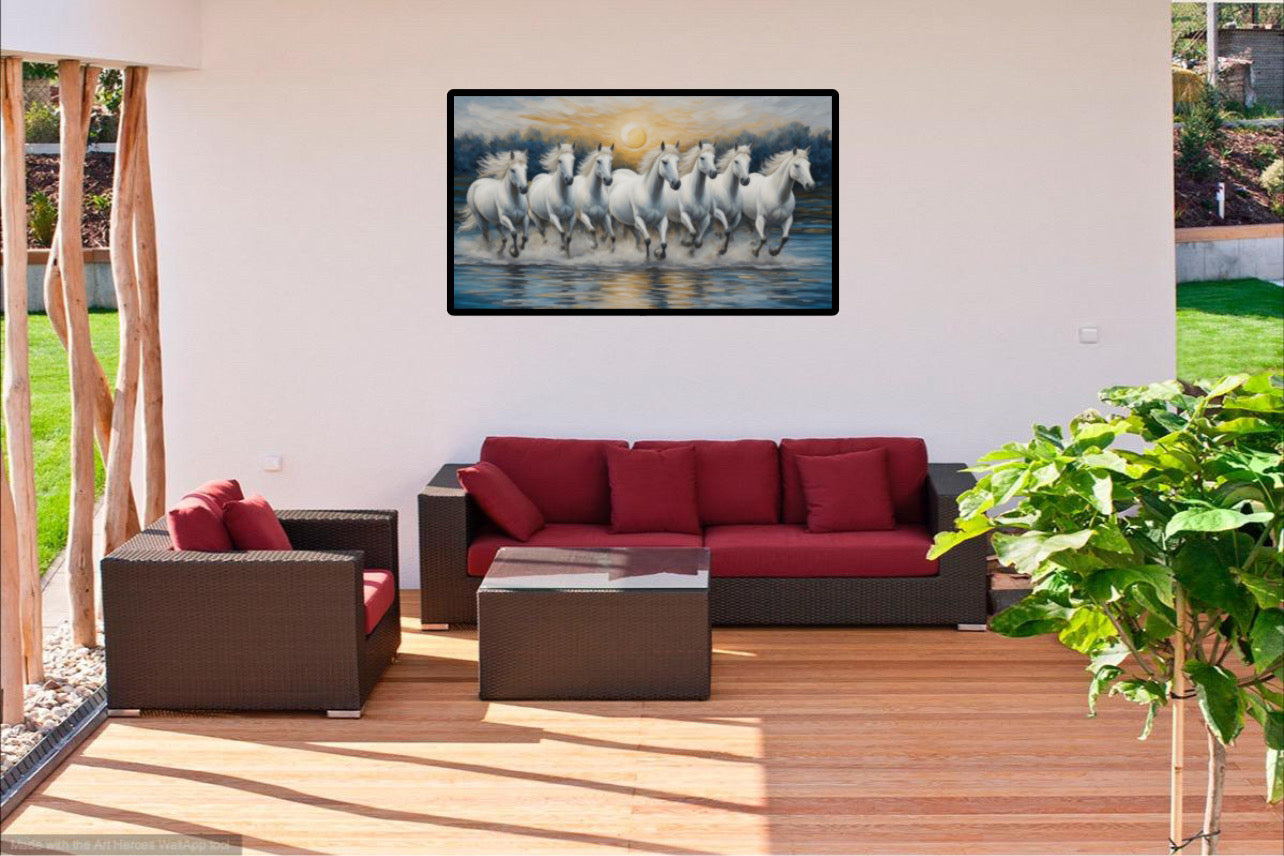 7 White Horses Running Wall Art Poster