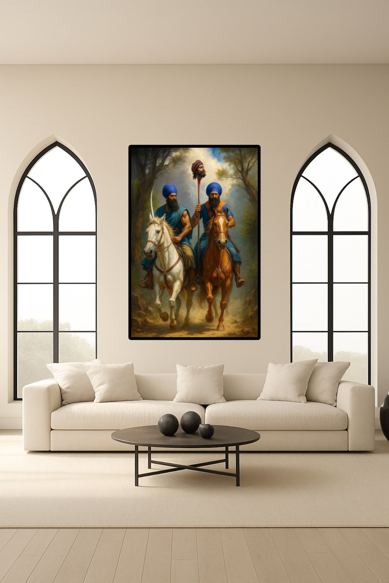 Warriors Bhai Sukha Singh and Bhai Mehtab Singh Returning with Severed Head of Massa Ranghar on Horse Symbolic of Strength Wall Art Poster