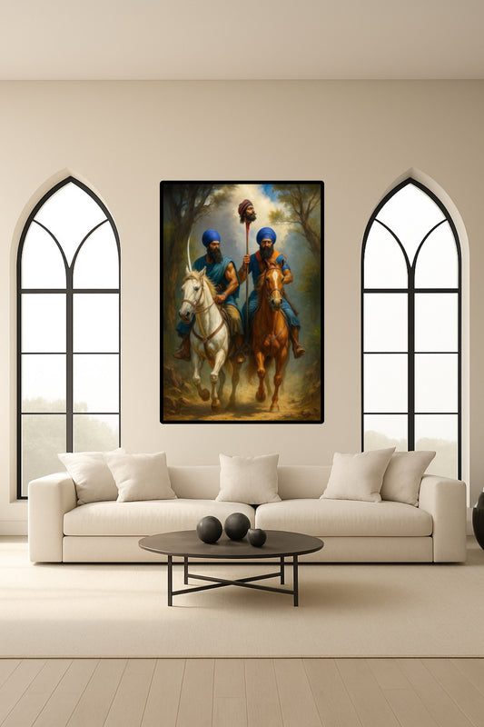 Warriors Bhai Sukha Singh and Bhai Mehtab Singh Returning with Severed Head of Massa Ranghar on Horse Symbolic of Strength Wall Art Poster