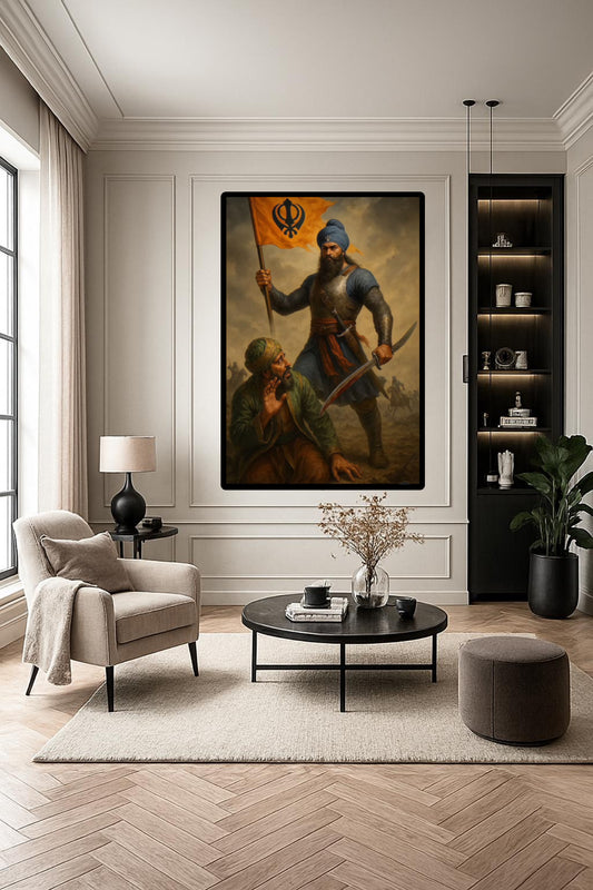 Sikhi Warrior on Battlefield Holding Orange Khanda Flag Wall Art Poster