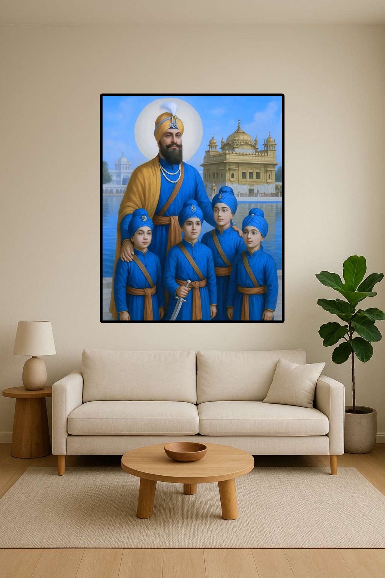 Guru Gobind Singh Ji and Chaar Sahibzaade Panj Pyaare Harmandir Sahib Dimmed-Blue Wall Art Poster