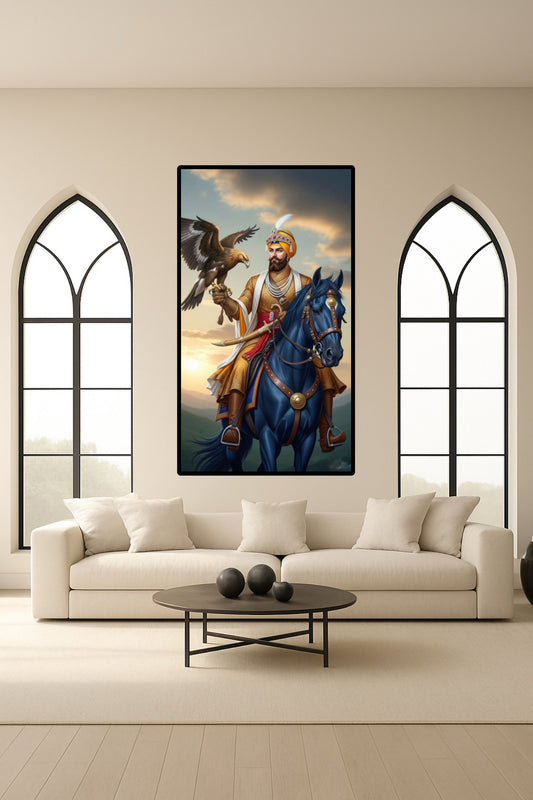 Guru Gobind Singh Ji Orange Attire Holding Eagle on Horse Portrait Wall Art Poster