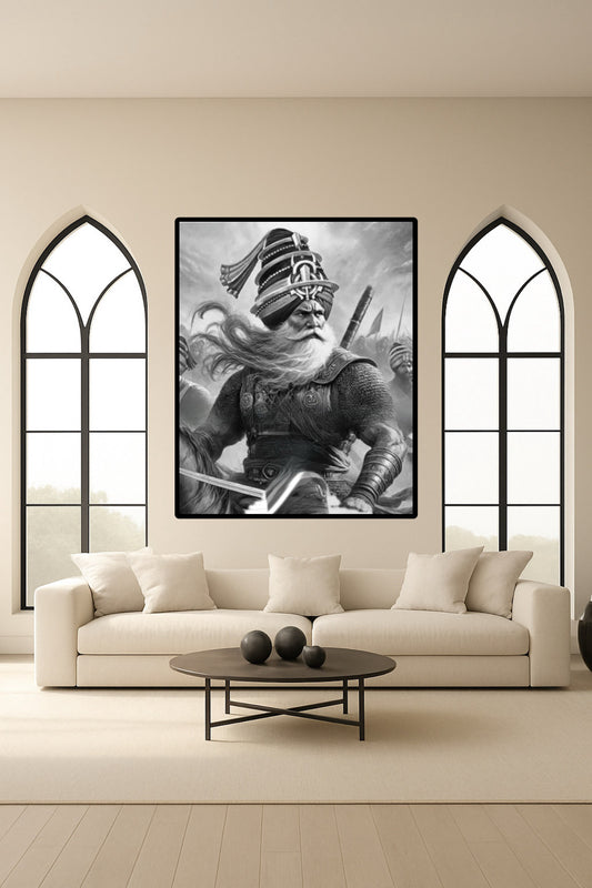 Dhan Dhan Baba Deep Singh Ji Black & White Sikh Warrior Wall Art Poster
