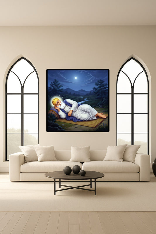 Guru Gobind Singh Ji Sleeping Peacefully Under Beautiful Blue-Sky Full Moon Wall Art Poster