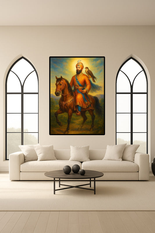 Guru Gobind Singh Ji Art on Horse with Bird on Shoulder in Sunset Wall Art Poster