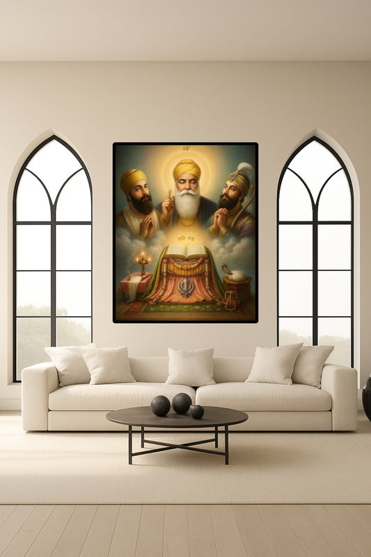 Guru Nanak Dev Ji in front of Guru Granth Sahib Ji Khanda Wall Art Poster