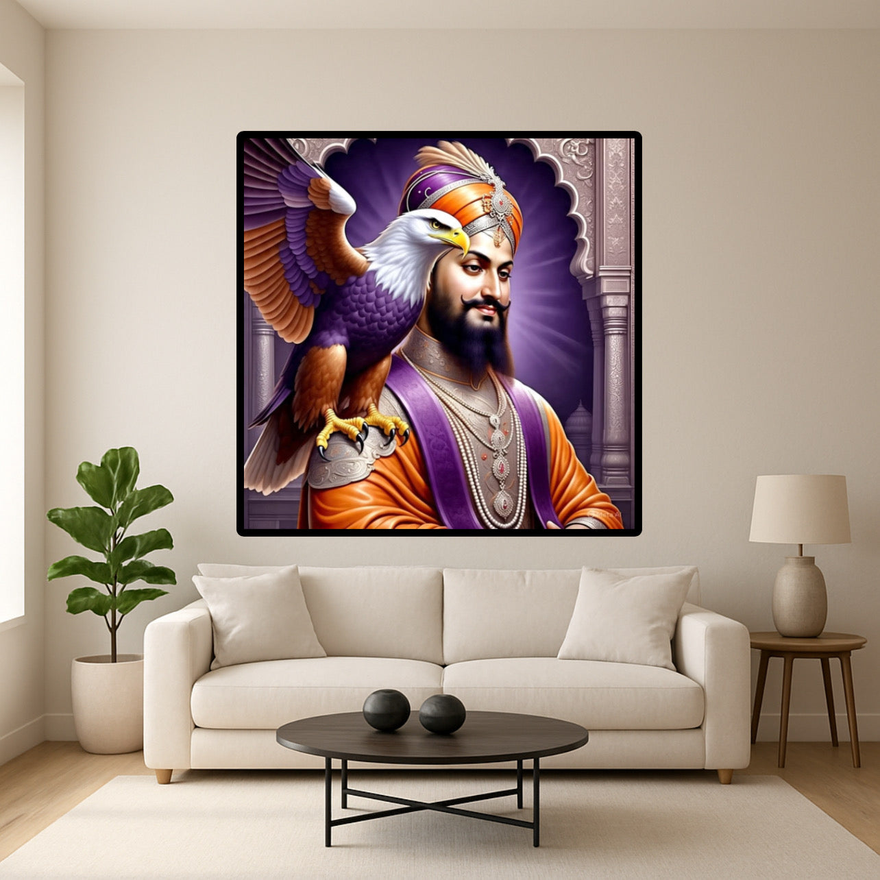 Sikhi Purple Inspired Guru Gobind Singh Ji with Eagle on Shoulder Wall Art Poster