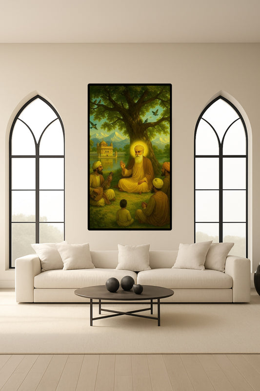 Guru Nanak Dev Ji Teaching His Followers Mountains Under Trees Wall Art Poster
