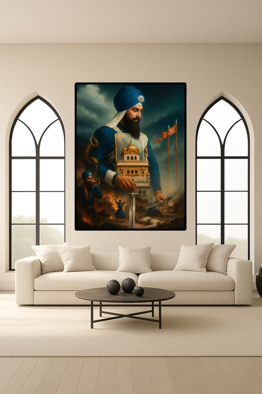 Guru Gobind Singh Ji Symbolic of Strength Standing Against Mughal Warriors Sword Sikhi Historic Symbolism Wall Art Poster