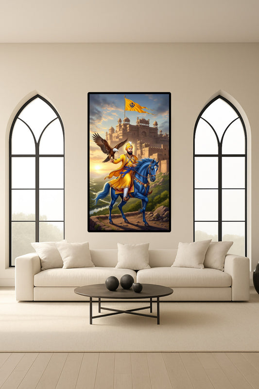 Guru Gobind Singh Ji Guru Orange Flag Sikhi on Horse with Falcon Holding Eagle Wall Art Poster