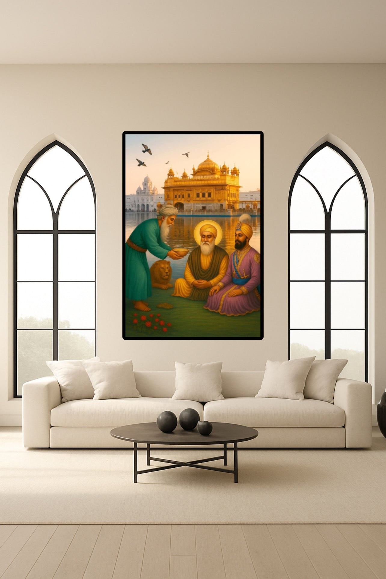 Guru Nanak Dev Ji and Guru Gobind Singh Ji together In front of Harmandir Sahib Golden Temple Wall Art Poster