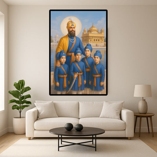 Guru Gobind Singh Ji and Chaar Sahibzaade Panj Pyaare Harmandir Sahib Wall Art Poster